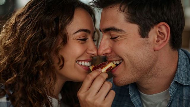 Couple sharing jam pastry while smiling close-up intimate cozy kitchen romance