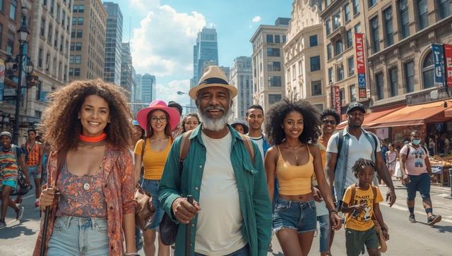 Senior man leading multigenerational diverse group through downtown summer streetlife