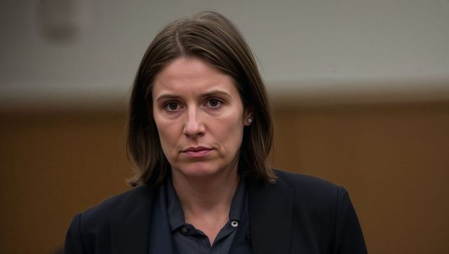 Serious professional woman in courtroom hearing wearing dark blazer and collared shirt