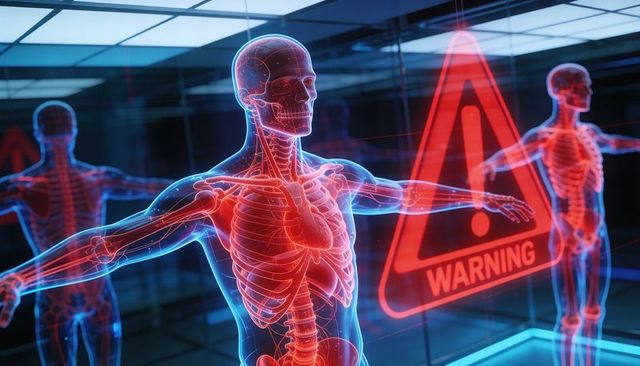 Displaying neon holographic human skeleton with red warning triangle in vr medical lab