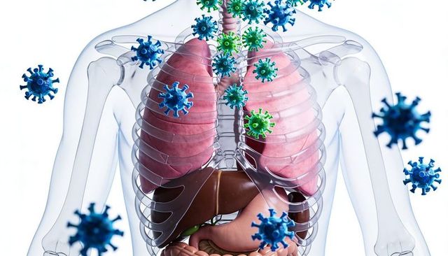 Transparent torso revealing lungs, trachea and viral particles invading respiratory system