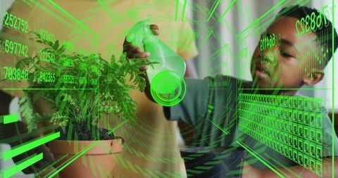 Child watering indoor fern with augmented reality hud guiding care and interactive learning