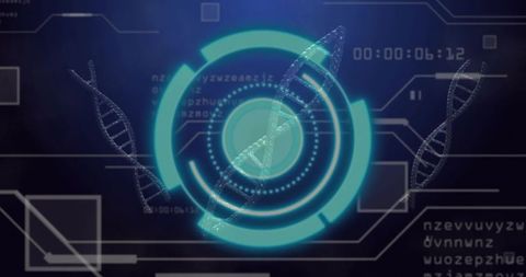 Futuristic genomics dashboard displaying circular HUD and floating DNA helices
