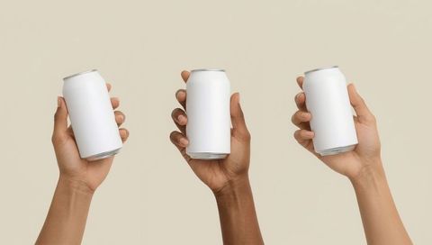 Diverse Hands Holding Blank Aluminum Cans Against Beige Background
