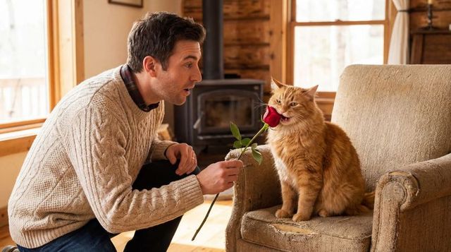 Man kneeling offering red rose to ginger tabby on worn armchair in cozy cabin