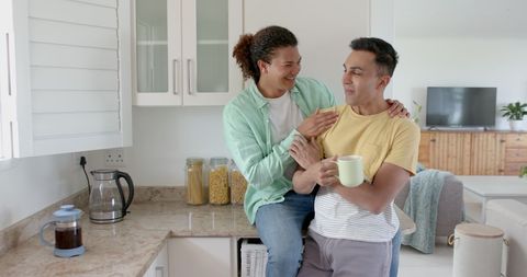 Happy Multicultural Gay Couple Enjoying Morning Coffee - Download Free Stock Images Pikwizard.com