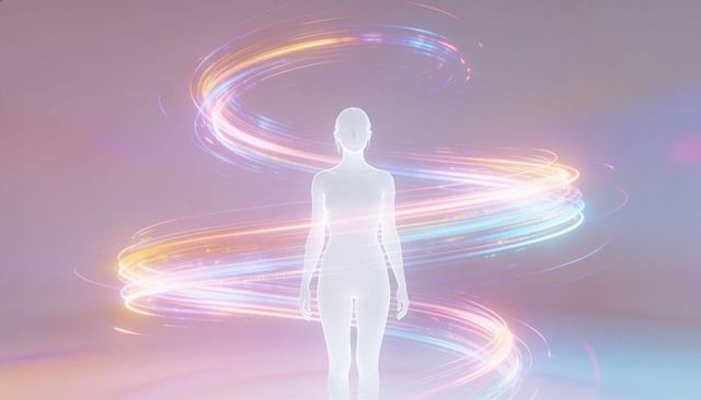 Ethereal glowing silhouette with pastel spiral light ribbons surrounding body and sparkle