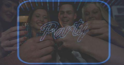 Group of Friends Celebrating with Neon Party Style