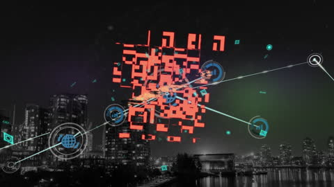 Abstract Digital Network with QR Code Over Cityscape Triggers