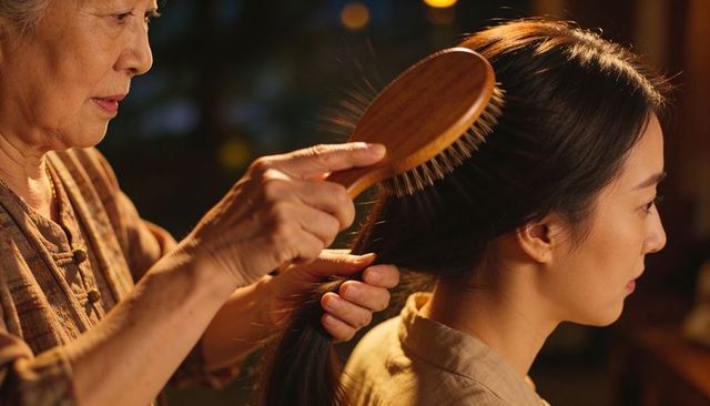 Asian grandmother brushing daughter's long dark hair with wooden paddle brush, showing family bond