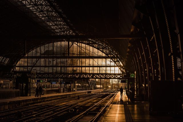Capturing the quiet moments at dawn in a grand train station with silhouetted figures and intricate steel architecture. The rays of sunrise create a warm, ambient light spreading through the glass ceiling and across the tracks. Ideal for use in travel blogs, architectural studies, transportation themes, and inspirational journey-related materials.
