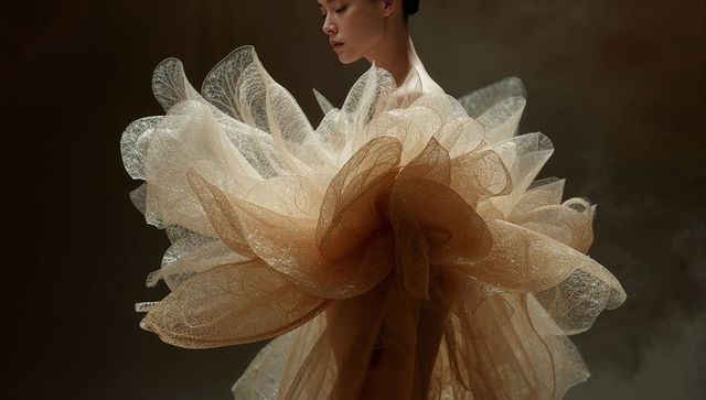 Asian model wearing sculptural tulle couture gown, ethereal voluminous fashion portrait