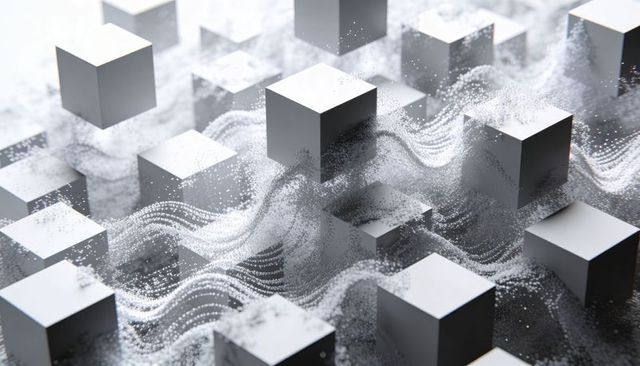 Floating Matte Cubes with Dynamic White Particle Waves Over Reflective Grid
