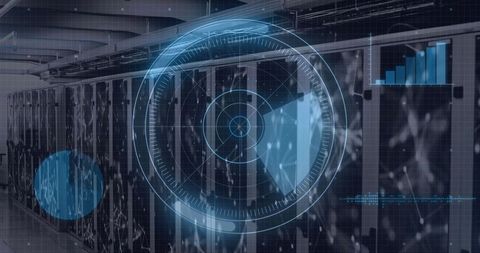 Displaying server racks with holographic hud overlay for network monitoring and cybersecurity