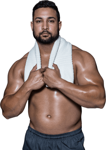 Transparent Muscular Man Holding Towel after Workout on White Background