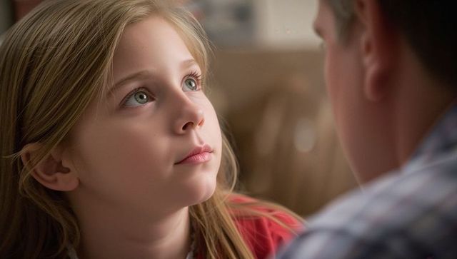 Tender family bonding portrait of young blonde girl gazing up in warm living room light