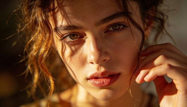 Closeup portrait of young woman bathed in golden light, intimate beauty expression