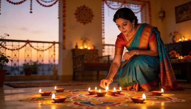 Indian woman lighting diyas on colorful rangoli in traditional sari during diwali evening