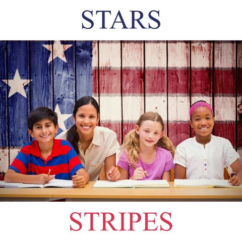 Diverse schoolchildren learning with teacher in patriotic usa setting