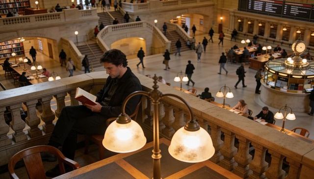Man reading on mezzanine over historic library concourse with grand clock and lamps