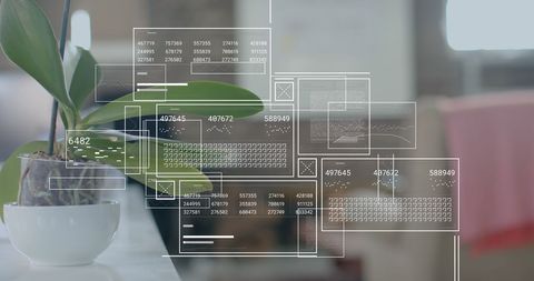 Futuristic Data Processing Interface Over Office Plant