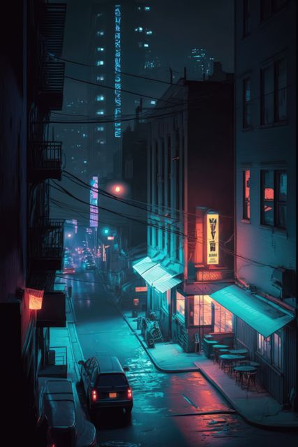 Moody night scene capturing urban city street illuminated by neon lights. Features a car parked near buildings, with soft glowing ambient lighting creating cinematic atmosphere. Great for use in projects related to urban life, cityscapes, modern living, film noir scenes, and artistic nightlife depictions.