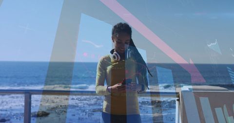 Woman Taking Selfie with Sea and Digital Graph Overlay