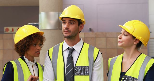 A diverse group of professionals, in the construction or engineering field, are engaged in a discussion, with copy space. The image features a Caucasian man and two women, one African American and one Caucasian, all wearing safety helmets and reflective vests.