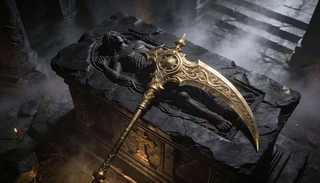 Ornate golden crescent polearm resting on weathered sarcophagus in misty ancient crypt