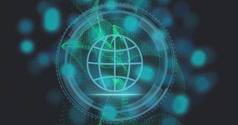 Futuristic Neon Globe HUD with Particle Mesh and Digital Rings for Tech Backgrounds