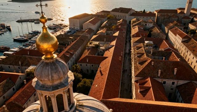 Gilded dome overlooking mediterranean harbor at golden hour with terracotta rooftops