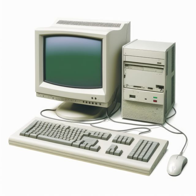This image shows a vintage desktop computer including a CRT monitor, floppy disk drive, full-sized keyboard, and a computer mouse. Ideal for artworks, educational materials about the evolution of technology, nostalgic projects, or themes involving retro tech.