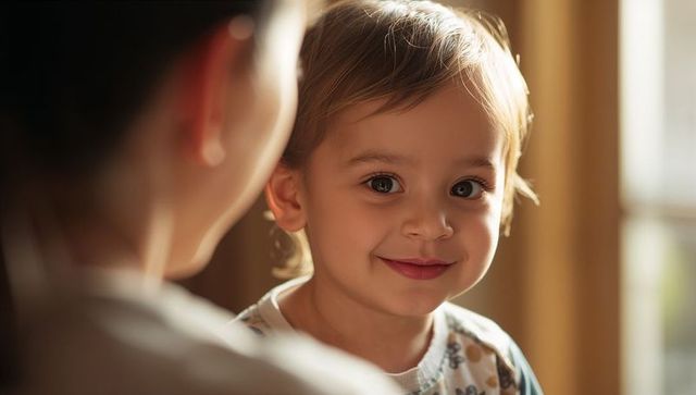Smiling toddler making eye contact near window in patterned pajama top