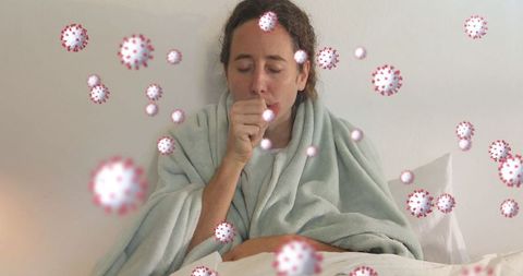 Woman Coughing Surrounded by Virus Particles in Quarantine