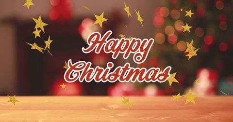 Happy Christmas Text on Wooden Table with Festive Background