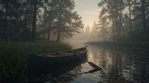 Serene Canoe Resting by Misty Forest Lake at Sunrise