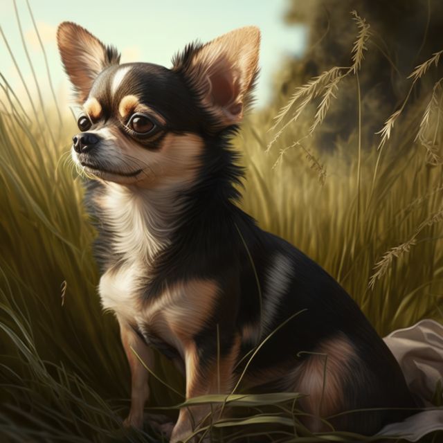 This image of a Chihuahua sitting in a grassy field, looking into the distance is great for use in pet care websites, nature blogs, animal-related promotions, or friendly advertisements for pet products. The serene outdoor setting highlights the Chihuahua's attentive and calm demeanor.