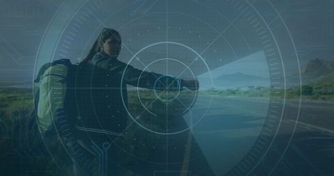 Digital interface overlays adventurous hitchhiker woman on open road