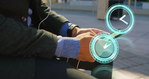 Digital Clock Overlay on Busy Businessman Checking Phone