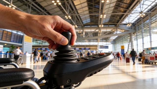 Close-up Hand Operating Powered Wheelchair Joystick in Busy Airport Terminal for Accessible Travel
