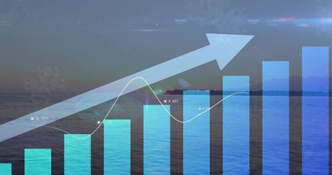 Bar Chart and Graph Overlay on Calm Dawn Seascape indicating Growth
