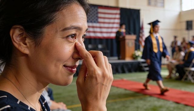 Asian mother wiping tears at high school graduation ceremony with american flag backdrop