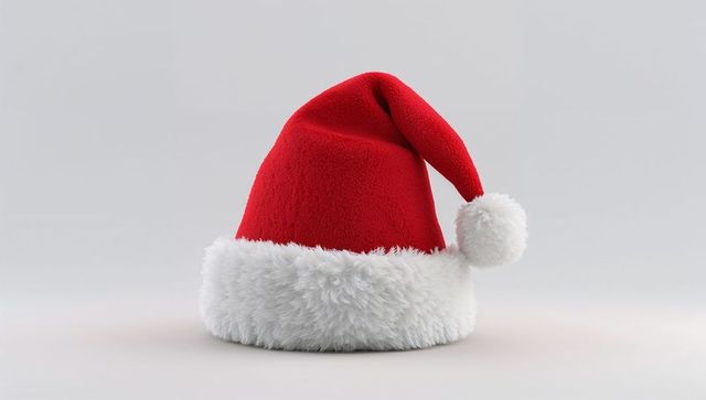 Red Santa Hat with Plush White Faux-Fur Brim and Pom-Pom on Neutral Light Gray Background