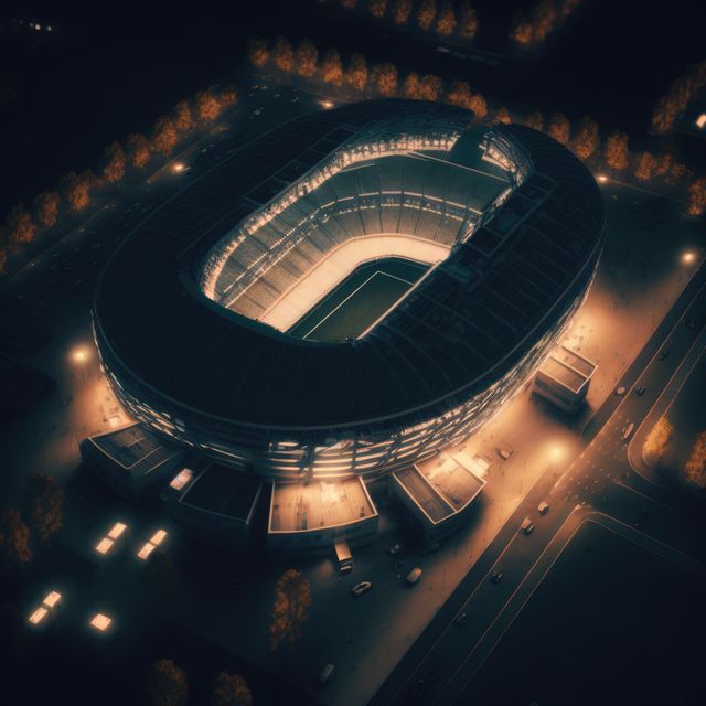 Aerial view of an illuminated football stadium at night. The vast structure is brightly lit, showcasing the field and seating arrangements within the stadium. Surrounding areas are also illuminated by streetlights and other city lights. This stock photo is perfect for use in sports-related promotions, architectural showcases, or urban night scene portfolios.