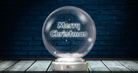 Christmas Snow Globe with Festive Greeting on Brick Background