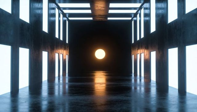 Glowing orb casting warm reflection across minimalist futuristic corridor with panels