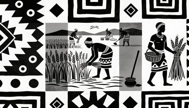 Woman harvesting wheat in stylized black-and-white tribal mural