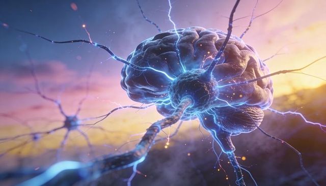 Pulsing neural brain with electric synapses and glowing axons, neural circuit concept