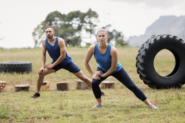 Fit individuals stretching in an outdoor boot camp setting, ideal for promoting fitness, healthy lifestyle, and outdoor exercise. Suitable for use in fitness blogs, workout programs, health and wellness articles, and advertisements for outdoor training sessions.
