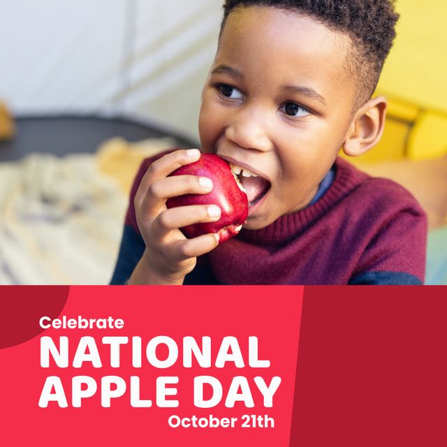 Happy African American Boy Enjoying Red Apple on National Apple Day - Download Free Stock Templates Pikwizard.com